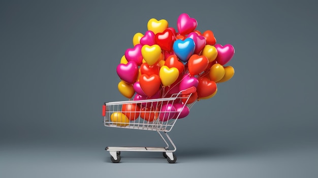 A shopping trolley with heartshaped balloons inside