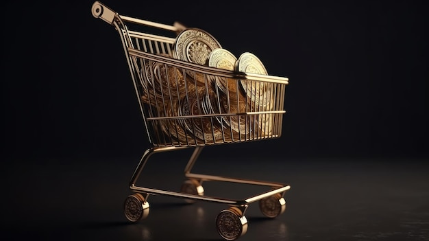 Shopping trolly with stack of gold coins Generative ai