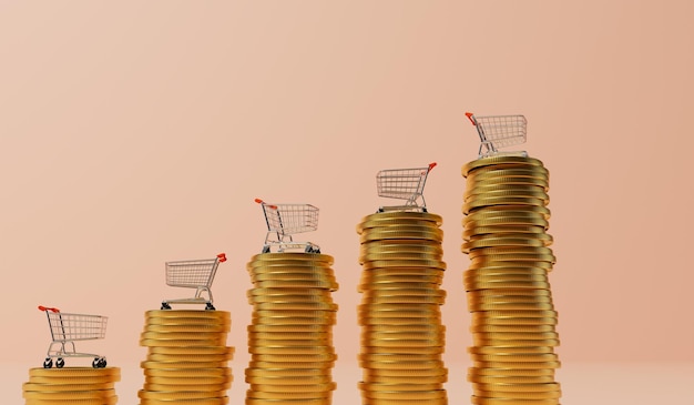 Shopping trolly with stack of gold coins Inflation concept 3D Rendering