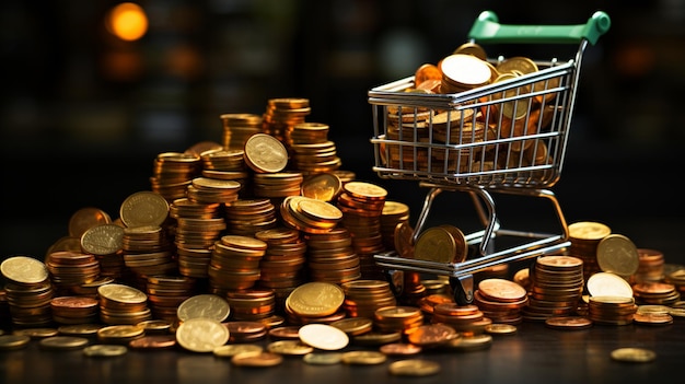 Shopping trolly with stack of gold coins