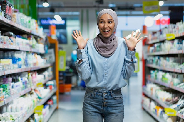 Shopping A young Muslim woman in a hijab walks between the shelves with goods in a supermarket chooses spreads her hands is surprised by the large selection is satisfied with the variety