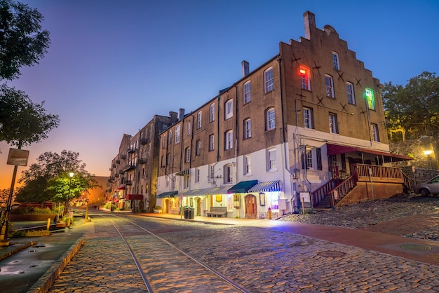 Shops and restaurants at River Street in downtown Savannah in Georgia USA