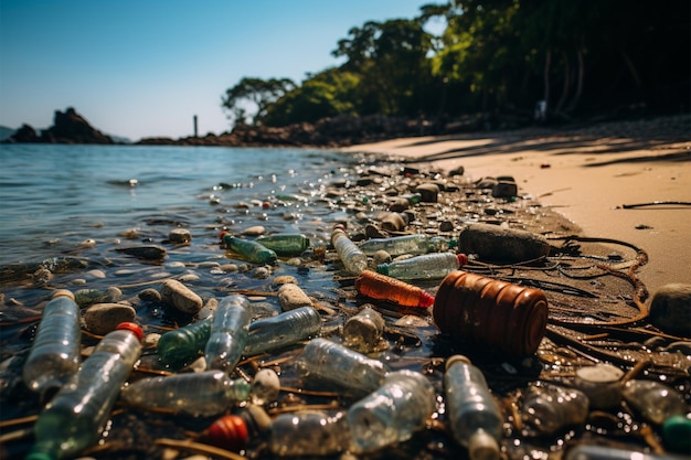 Shoreline cluttered with discarded items notably plastic bottles exemplifying beach pollution