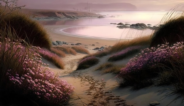 Shoreline covered in pink flowers by the sea Generaitve AI