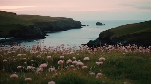 Shoreline covered in pink flowers by the sea Generaitve AI