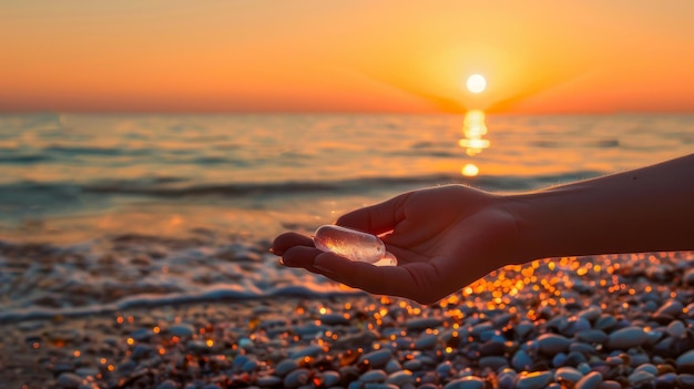 Shoreline serenity hand collects glass stones at sunset coastal charm