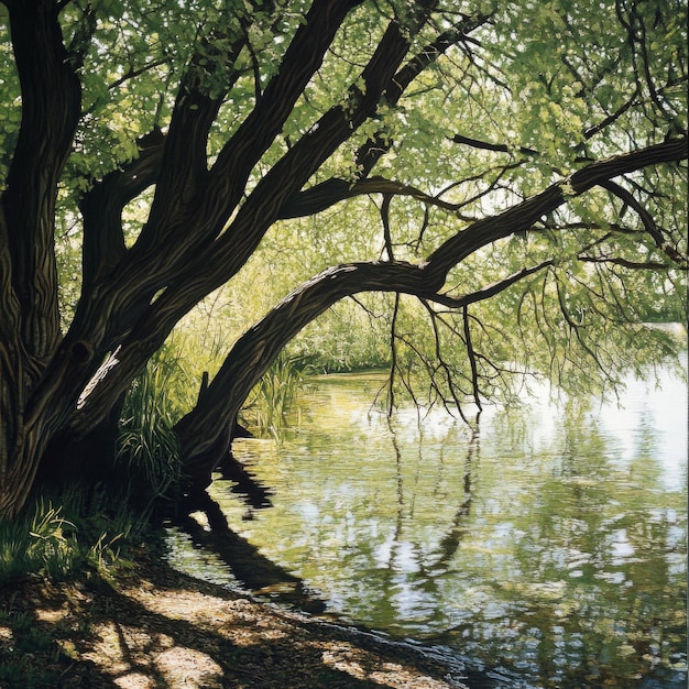 Photo shoreline trees leaning over water creating a shady and peaceful corner in a natural setting v 61 jo