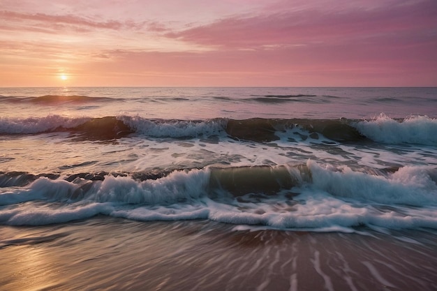 A shoreline with gently rolling waves under a pink da