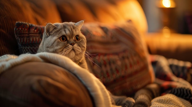 Shorn Scottish Fold cat on a sofa cozy living room with warm ambient lighting unique and charming atmosphere detailed and sharp hd quality ar 169 Job ID 1942ce3cf8b442d9ba4993e7662492d9