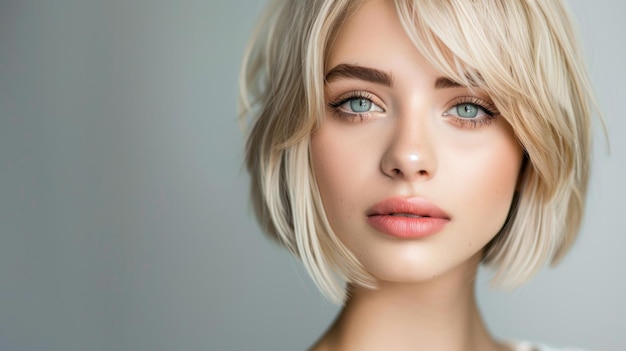 Short Blonde Hair Beautiful Woman with Short Bob Haircut on Gray Background