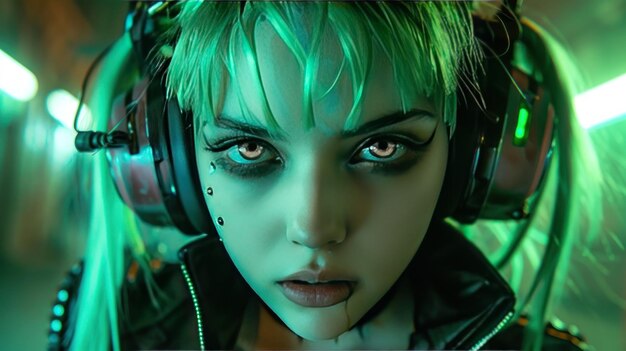 Short green haired girl model in modern cyberpunk style concept AI generated image