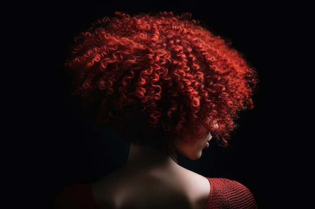 Short Red Afro Curls Rear View On Black Background Generative AI