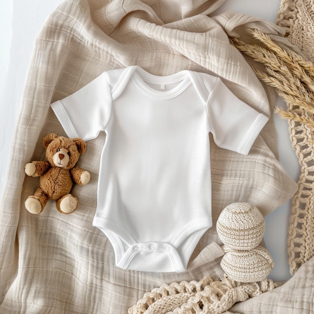 Photo short sleeve baby teddy bear bodysuit made of white cotton