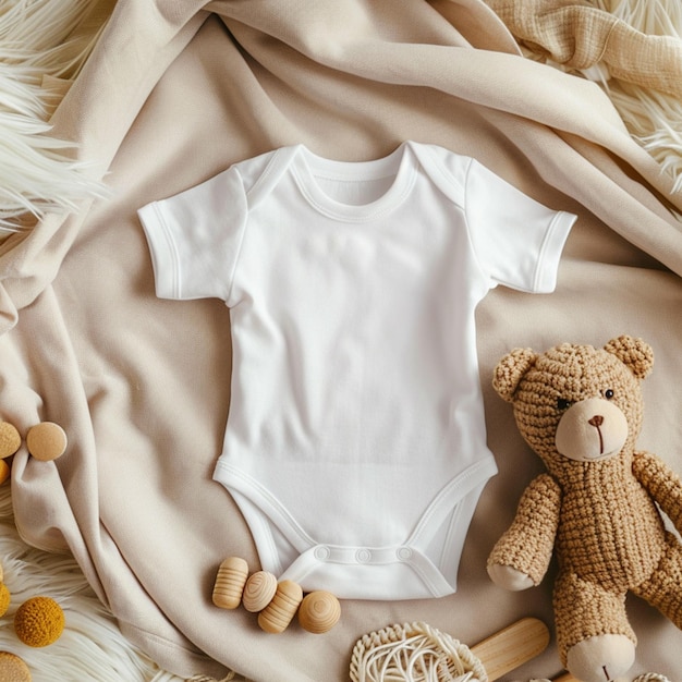 Short sleeve baby teddy bear bodysuit made of white cotton