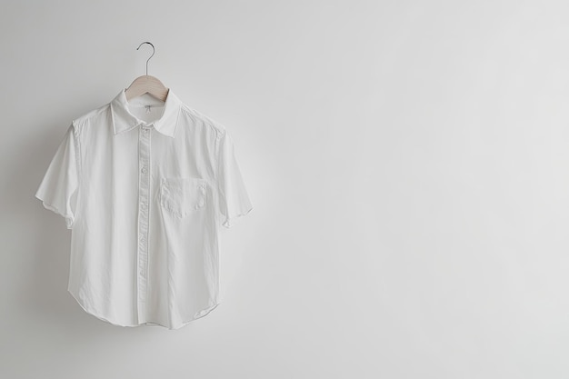 Photo short sleeve shirt on cloth hanger with white wall in the background