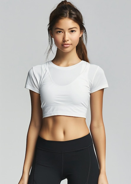 Short yoga top on skinny women plain solid white color seamless style front view white backgroun