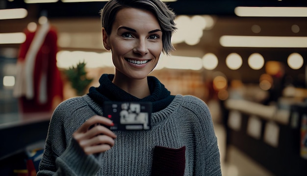 Shorthaired woman with a pleased grin wearing a sweater and a credit card on a shopping mall background Generative AI