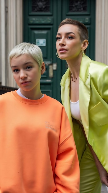 Shorthred girl in orange sweatshirt poses outside beautiful woman in stylish bright outfit looks in