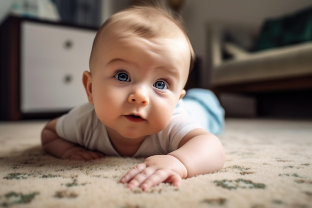 Shot of an adorable baby boy lying on a carpet