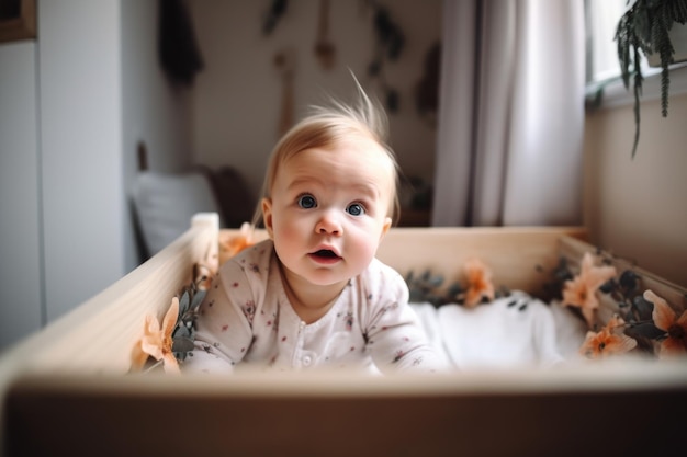 Shot of an adorable little baby girl sitting in her crib created with generative ai