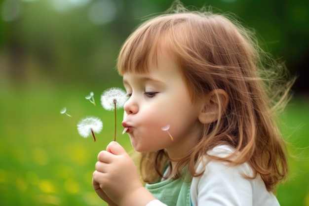 Shot of an adorable little girl blowing a dandelion created with generative ai