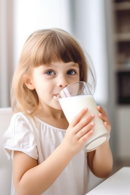 Shot of an adorable little girl drinking a glass of milk at home created with generative ai