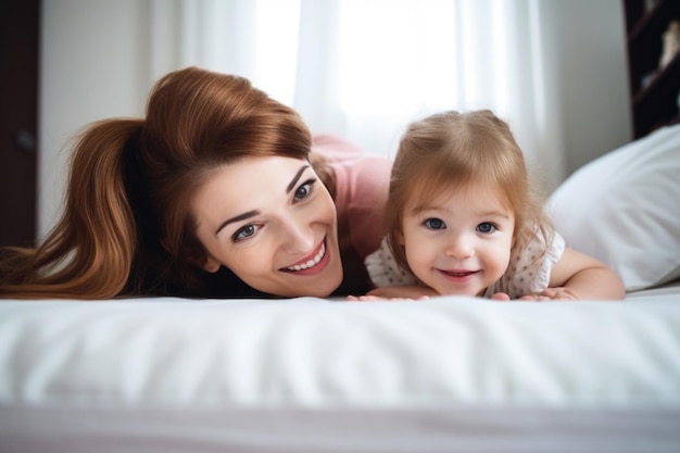 Shot of an adorable little girl lying in bed with her mom created with generative ai