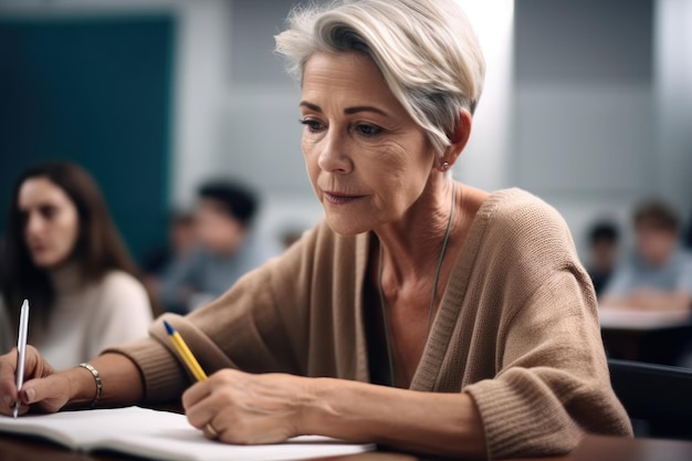 Shot of an attractive mature female student writing notes on a piece of paper during class