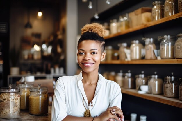 Shot of an attractive young business owner standing in her store created with generative ai