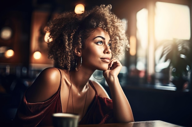 Shot of an attractive young woman enjoying a cup of coffee in a cafe created with generative ai