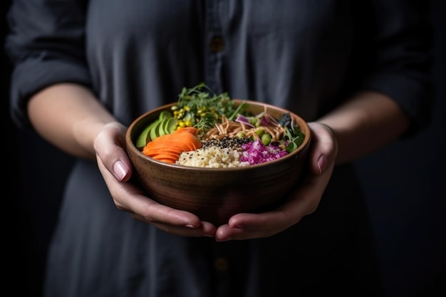 Shot of an attractive young woman enjoying a salad created with generative ai