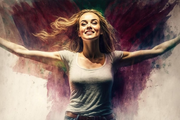 Shot of an attractive young woman standing with her arms outstretched created with generative ai