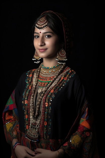 Shot of a beautiful young lady in ethnic dress against a black background created with generative ai