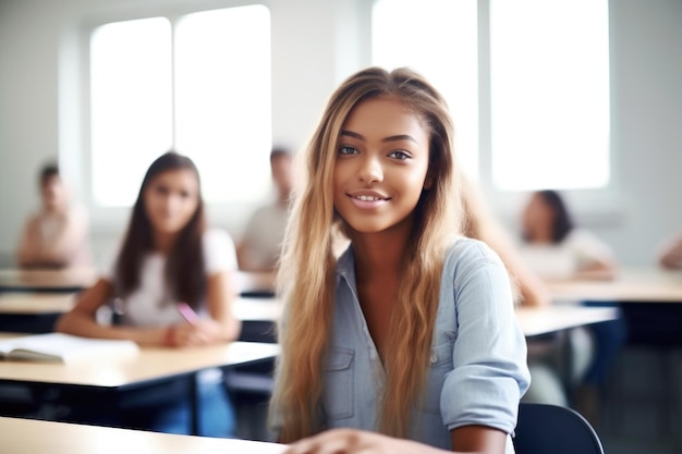 Shot of a beautiful young student sitting in class created with generative ai