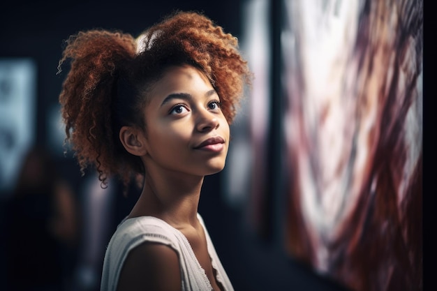 Shot of a beautiful young woman enjoying the art at an exhibition created with generative ai