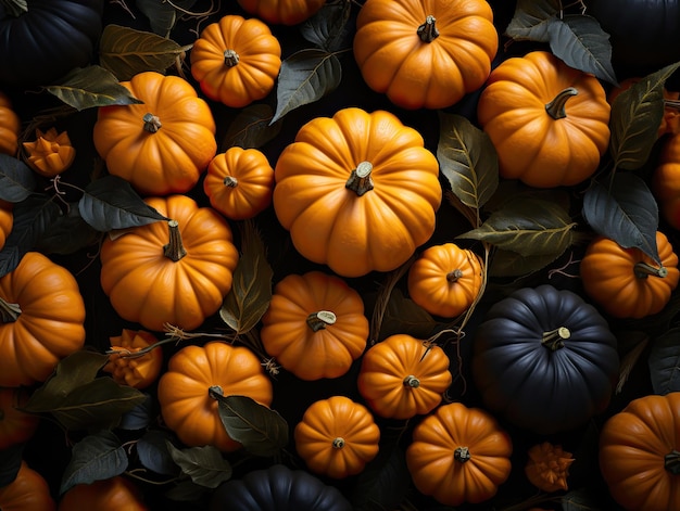 Above shot bunch of ripe colorful pumpkins with autumn leaves flat lay festive autumn decor