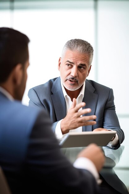 Shot of a businessman explaining something to his client on an ipad