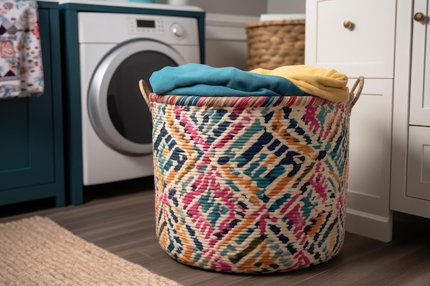 Shot Of Colorful Laundry Basket With Patterned Fabric Lining Adding Pop Of Color To Laundry Room Generative AI