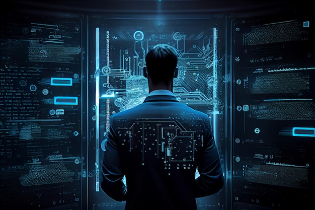 Shot of Corridor in Working Data Center Full of Rack Servers and businessman AI Generated