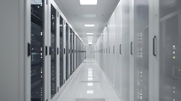 shot of corridor in working data center full of rack servers and supercomputers with internet