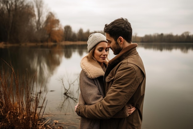 Shot of a couple embracing one another in front of a lake created with generative ai