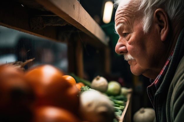 Shot of a customer at a farmers market looking through the produce created with generative ai