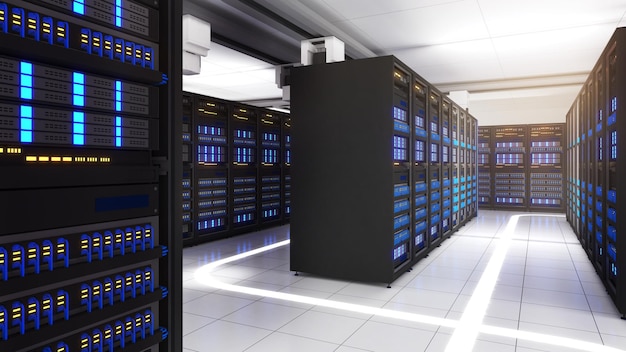 Shot of Data Center With Multiple Rows of Fully Operational Server Racks Modern Telecommunications Artificial Intelligenceserver room3d rendering