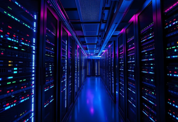 Shot of Data Center With Multiple Rows of Fully Operational Server Racks Modern Telecommunications