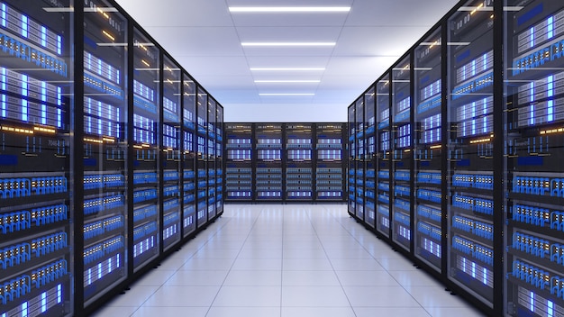 Shot of Data Center With Multiple Rows of Fully Operational Server Racks