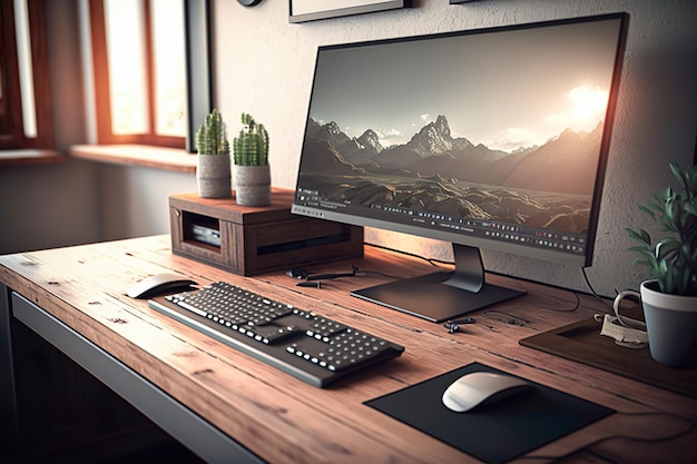 Shot of a Desktop computer and keyboard and mouse in the Creative Modern Office Generative Ai