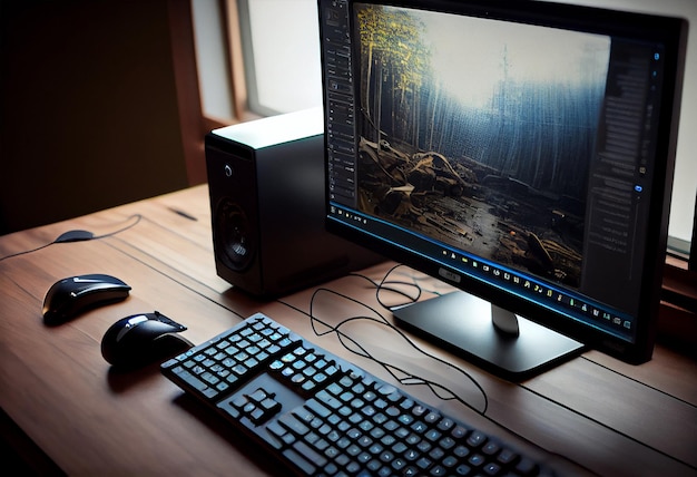 Shot of a Desktop computer and keyboard and mouse in the Creative Modern OfficeGenerate Ai