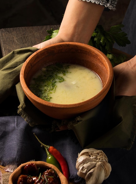 Shot of a dish in hands