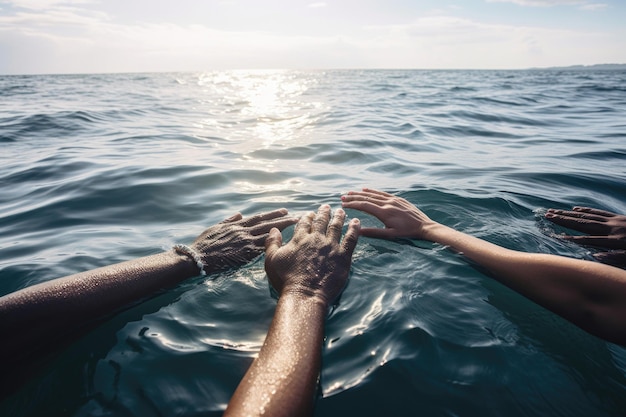 Shot of a diverse group of people holding hands out at sea created with generative ai