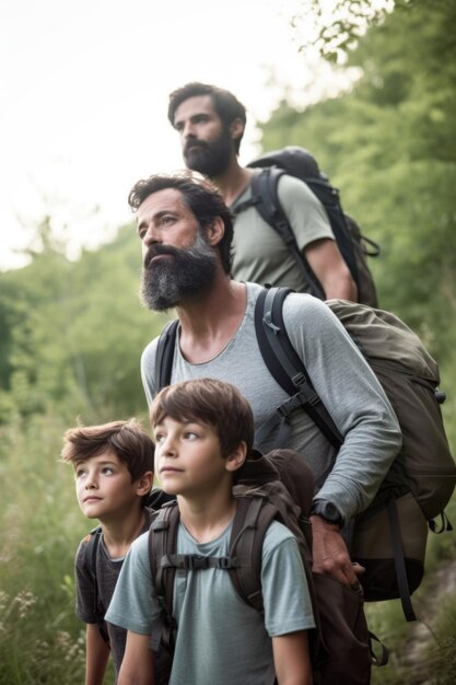 Shot of a father and his two boys hiking outdoors created with generative ai